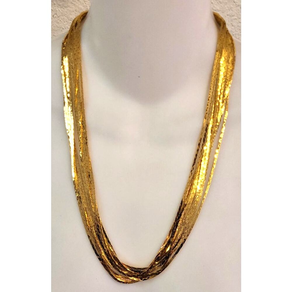 Vtg 80s Liquid Gold Herringbone Necklace Multi Strand Slinky Foldover Clasp